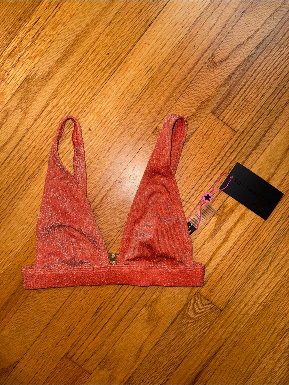 South Beach Sparkle Red Orange Plunge Metallis V Swim Bikini Top XS sz 2